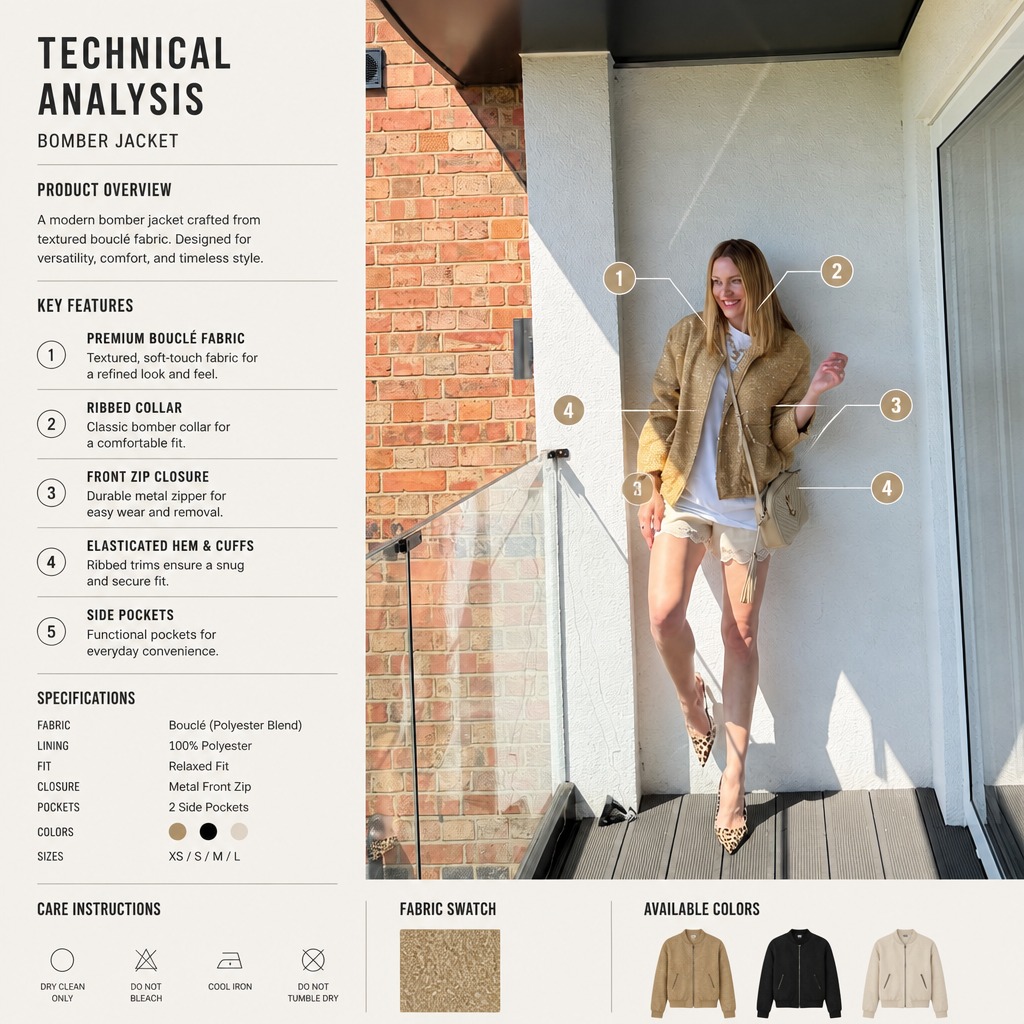 Fashion jacket technical analysis product sheet example